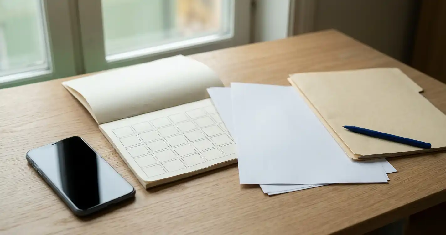 Ett anteckningsblock med tomma rutor bredvid en kalender och en neutral telefon